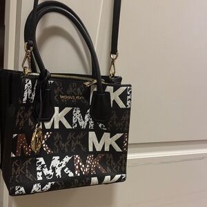 Michael Kors Black, Brown, and White Satchel with Gold Accents